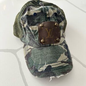 Louis V Green Camouflage Hat with Brown Patch